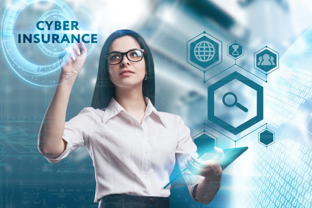 Insurance broker surrounded by stylized cyber security icons, pointing to caption “CYBER INSURANCE.”