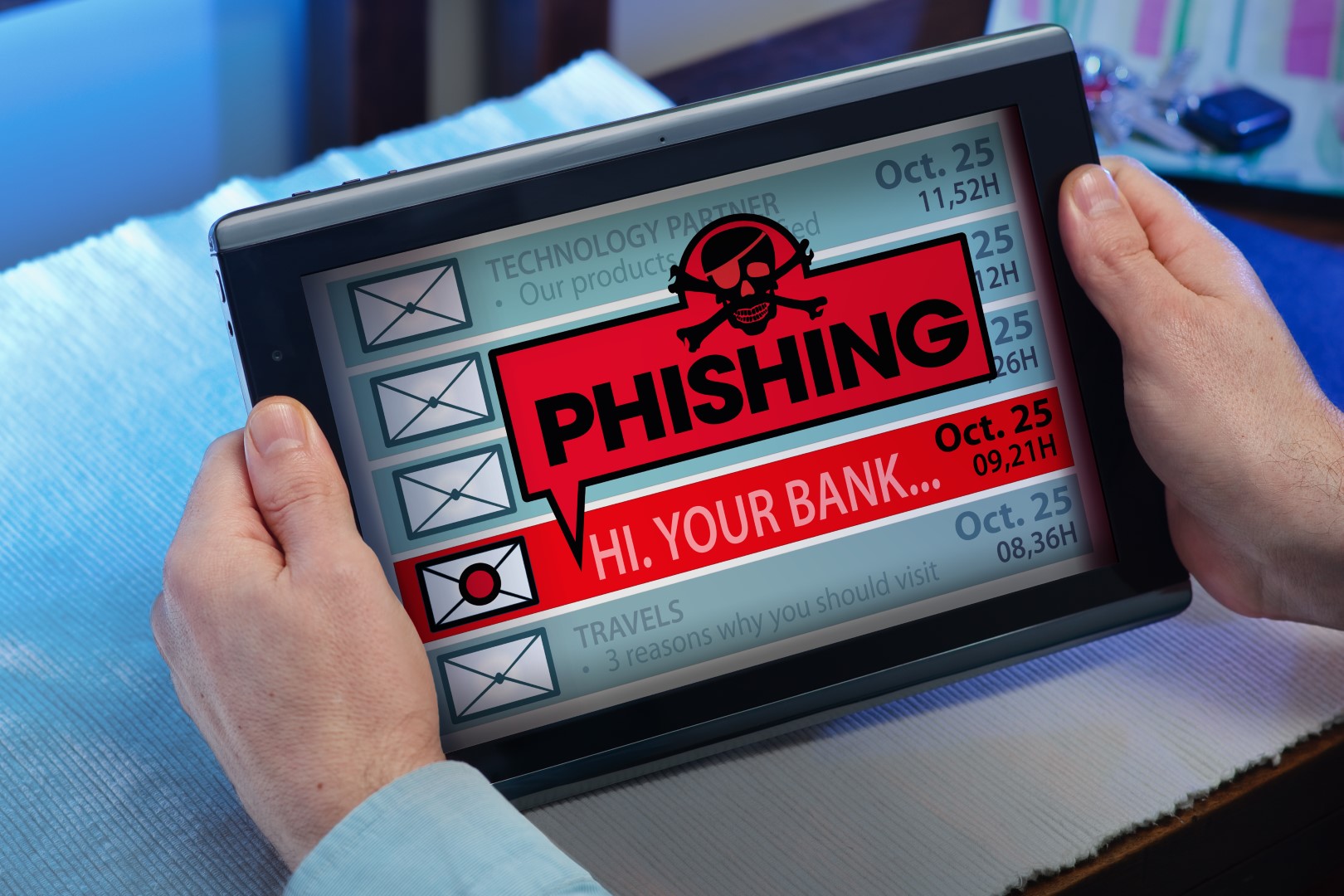 Businessman holds tablet computer that displays skull and crossbones image captioned “PHISHING.” 