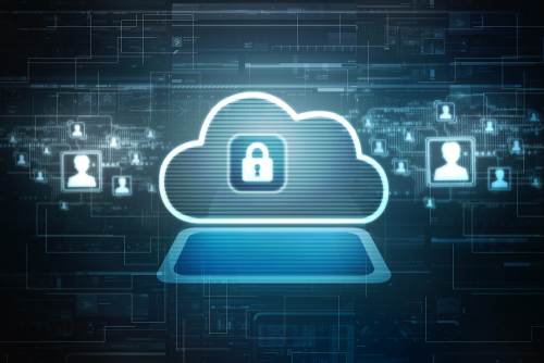 Digital blue graphic of a cloud-shaped laptop with a padlock covering in the cloud. 