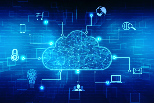 2D digital illustrated rendering of a cloud with computing icons around it in blue background.