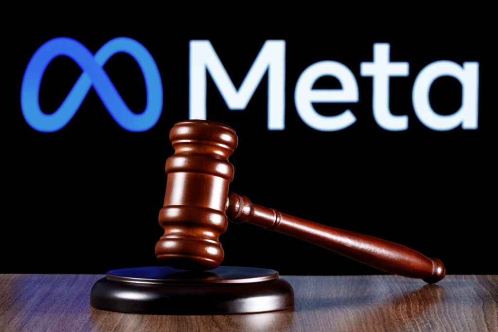 Image of gavel and logo used to illustrate judgment against Meta for violating privacy laws.