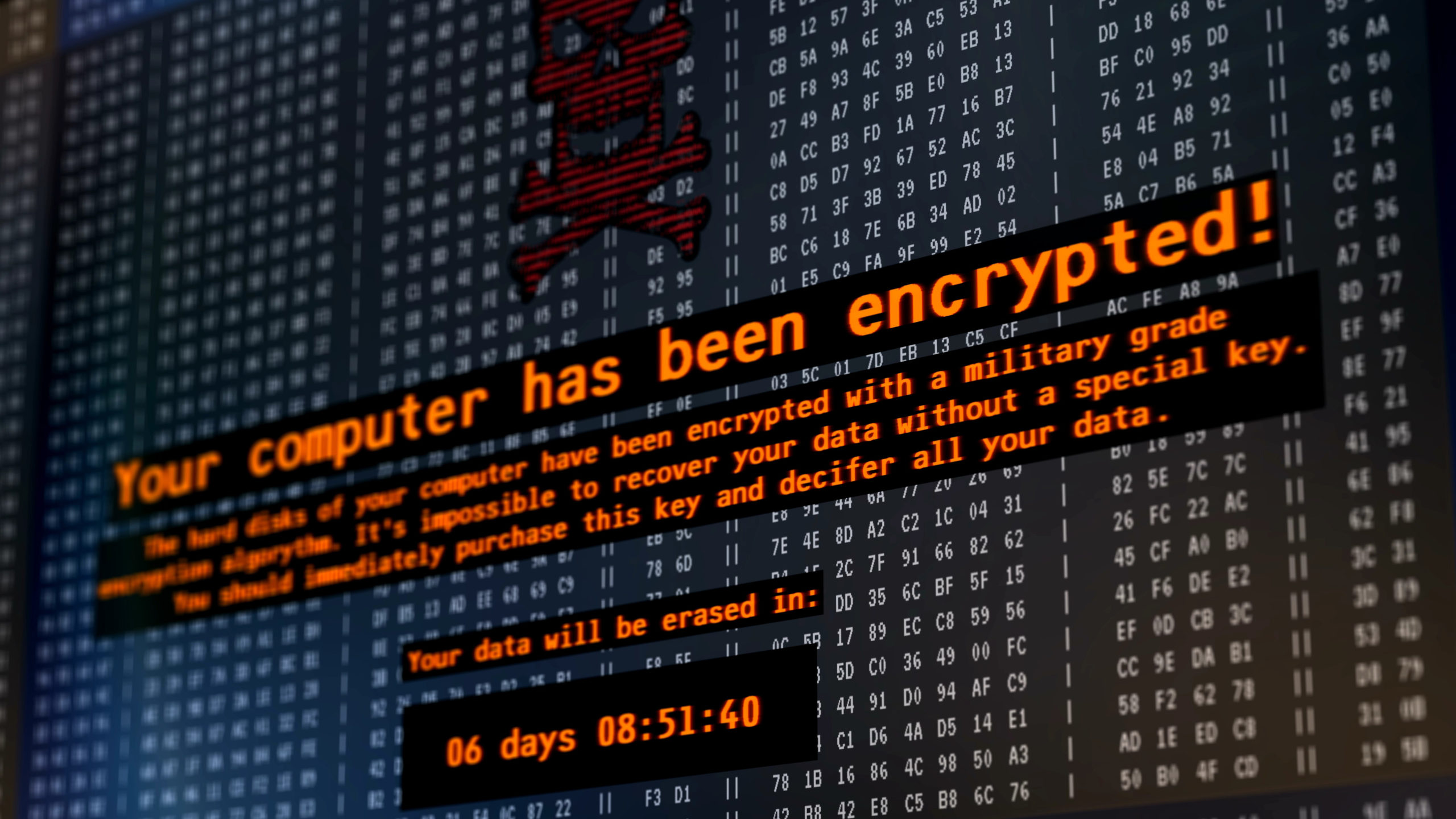 Malware warning message with headline “Your computer has been encrypted!” displayed on a computer screen.