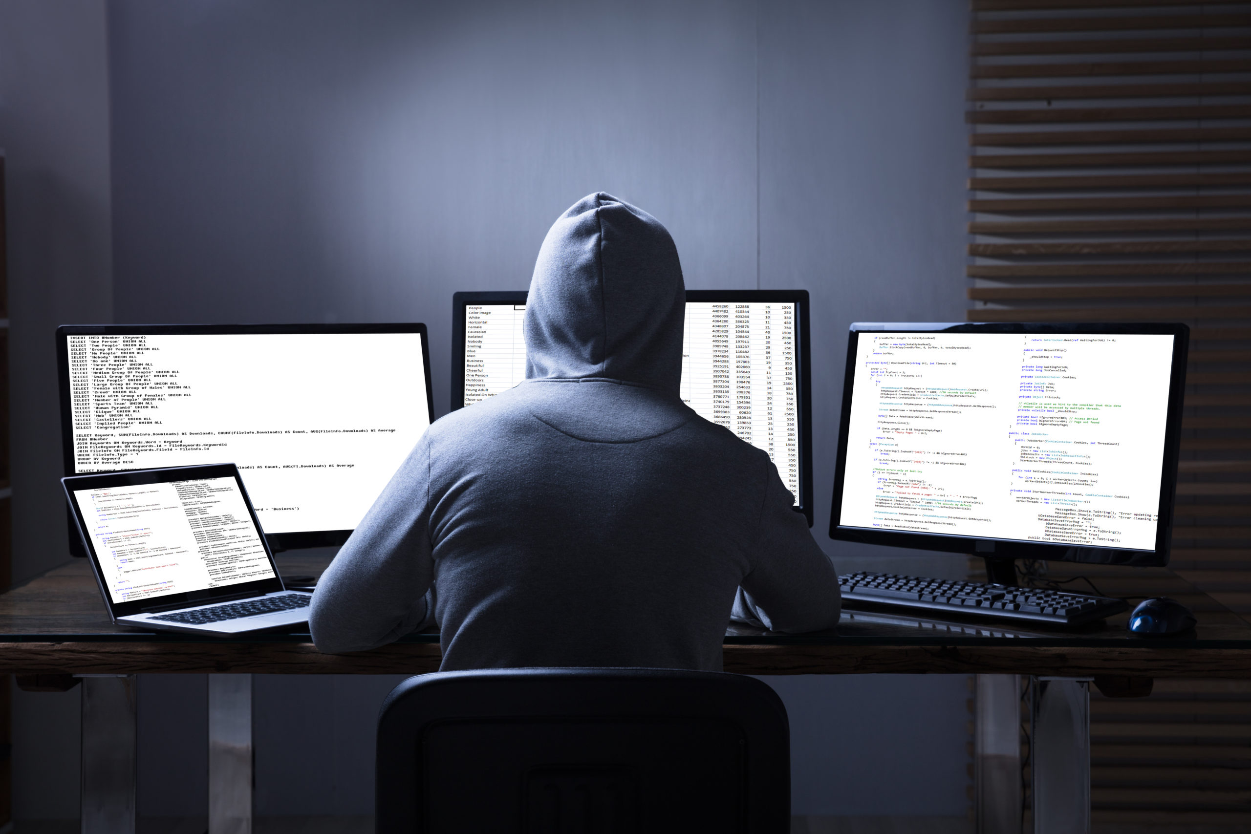 Cyber criminal wearing hoodie sits at desk, back to camera, in front of laptop computer and three large display monitors.