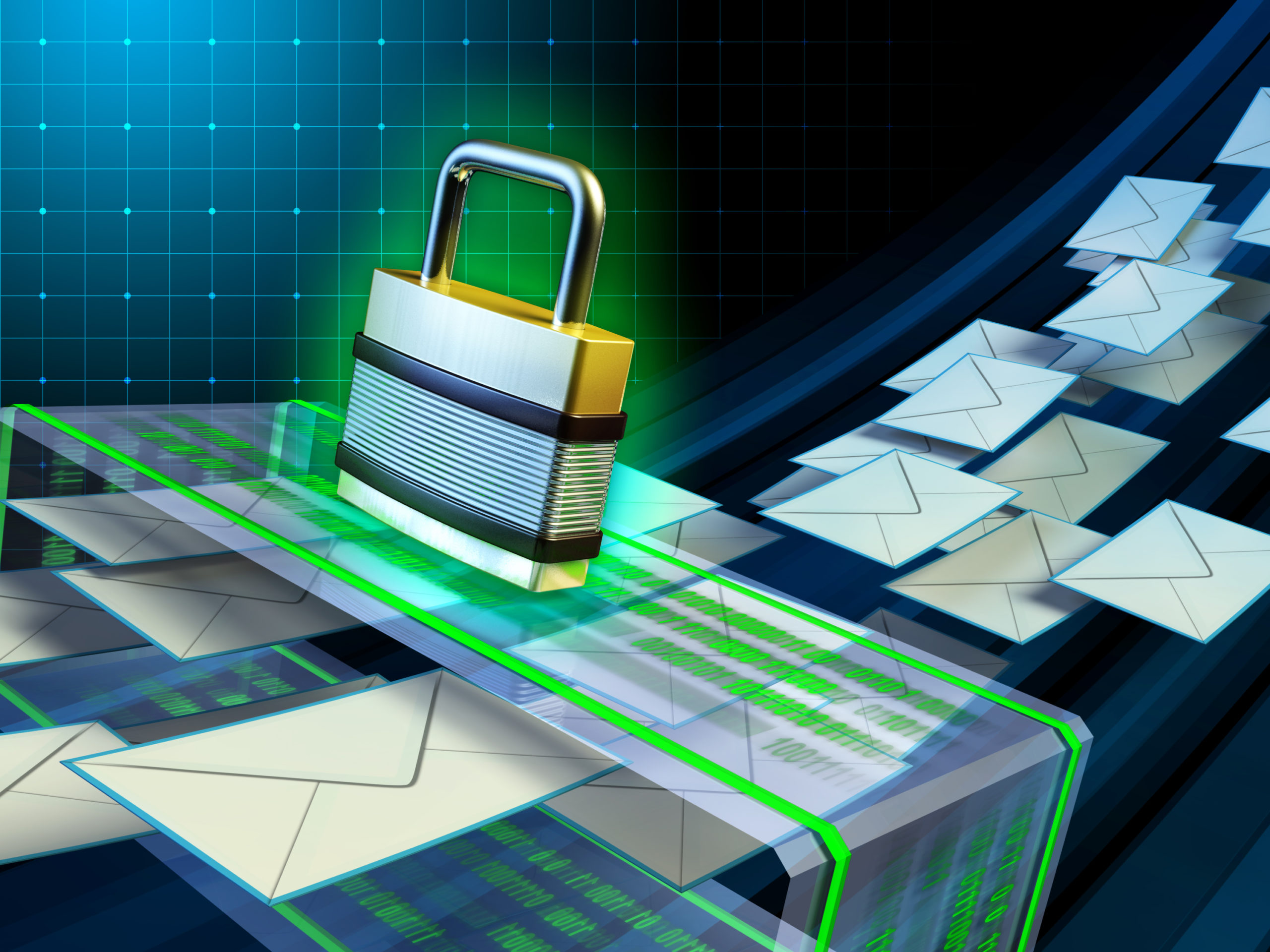 Sealed letter envelopes pass through slot topped with padlock over grid background, illustrating secure email gateway (SEG).