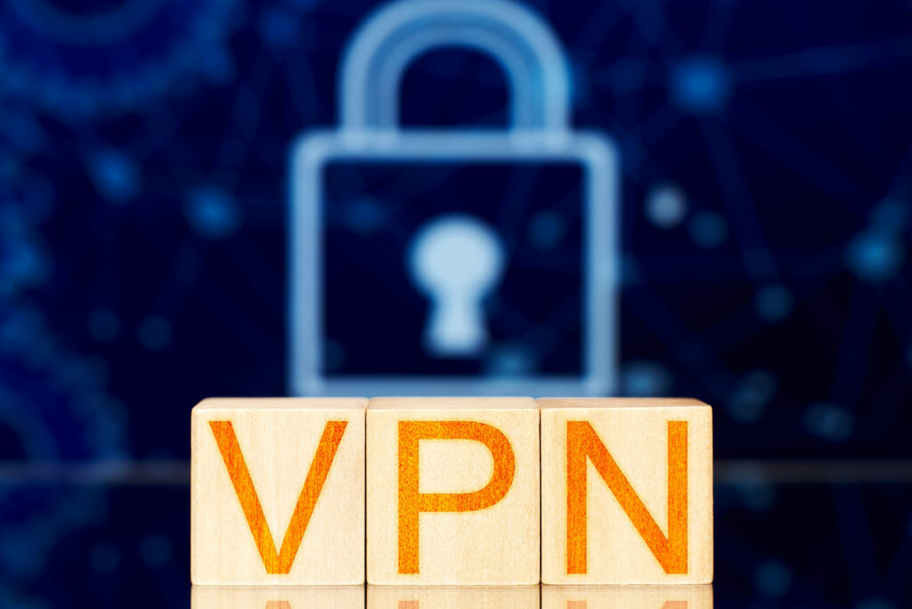  VPN on wooden blocks with an image of a lock on top.