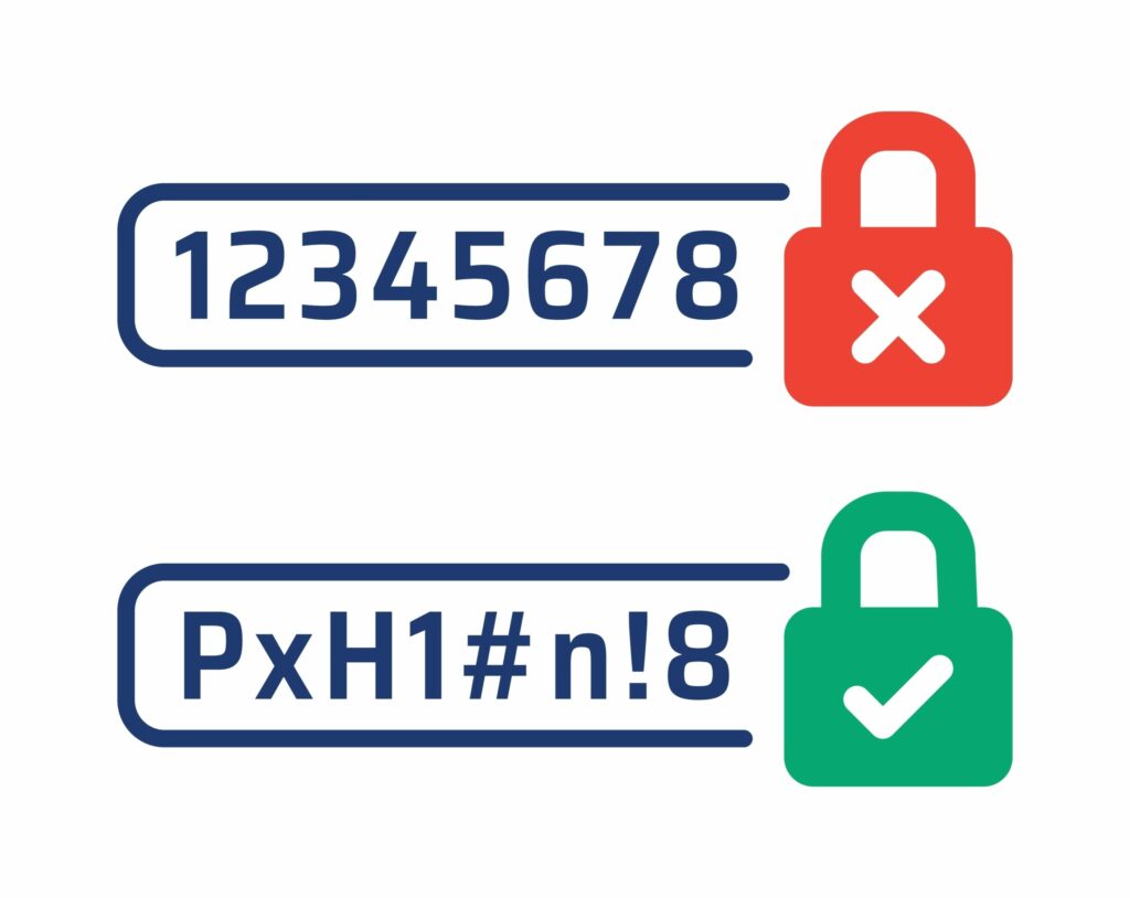 Red padlock icon marked “X” next to weak password above green icon with check mark next to strong password.